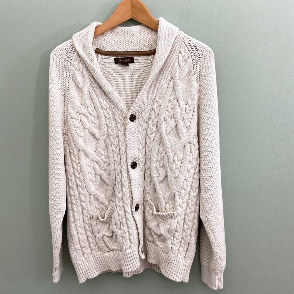 Tasso Elba Cable Knit Cardigan Mens XL Sweater Pockets Cotton Cream Grandpa